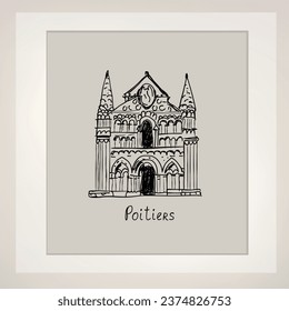 French city  Poitiers. Famous touristic landmark. Travel drawn architectural icon. France