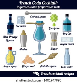 French coda cocktail. Infographic set of isolated elements on white background. Ingredients and preporation tools. French Cocktail Collection. Elements of  for bar, restaurant or cafe. Flat vector