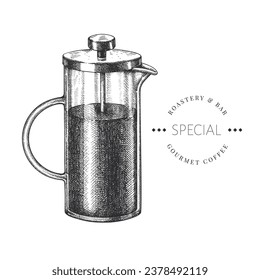 French Coffee Maker Illustration. Vector Hand Drawn Isolated Glass Coffee Pot. Vintage Style Coffee Maker