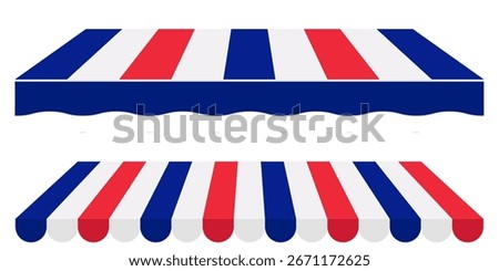 French Color Awning Tent Vector. Red White Blue Striped Canopy Roof for Outdoor Kiosk Cafe Market or Fair Booth. Flat Sunshade Icon for Summertime Use.