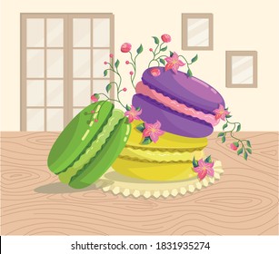 Macarons de colores franceses con diferentes sabores sobre la servilleta en una cafetería o panadería. 10 EPS. Galletas dulces con flores para la ilustración de la receta hecha a la planicie para los negocios, bodas y cumpleaños.