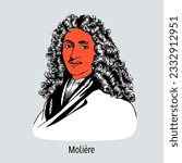 Molière - French comedy writer of the XVII century, the creator of classical comedy, by profession an actor and theater director. Hand-drawn vector illustration.