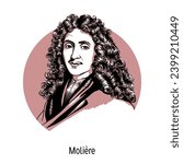 Molière - French comedy writer of the XVII century, the creator of classical comedy, by profession an actor and theater director. Hand-drawn vector illustration.