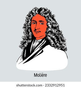 Molière - French comedy writer of the XVII century, the creator of classical comedy, by profession an actor and theater director. Hand-drawn vector illustration.