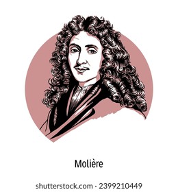 Molière - French comedy writer of the XVII century, the creator of classical comedy, by profession an actor and theater director. Hand-drawn vector illustration.