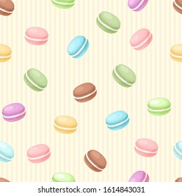 French confection macaron cake, macaron candy yellow seamless background. Hand drawn vector pattern. Delicious colorful dessert pastry. wallpaper