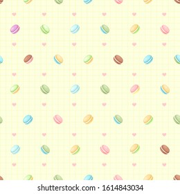 French confection macaron cake, macaron candy yellow seamless background. Hand drawn vector pattern. Delicious colorful dessert pastry. wallpaper