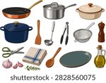 French Cookware vector illustration collection with copper frying pan, stainless steel saucepan, ceramic casserole dish, enamel stock pot.