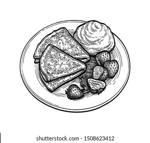 French crepes or Russian blinis. Ink sketch isolated on white background. Hand drawn vector illustration. Retro style.