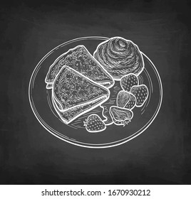 French crepes or Russian blinis with sour cream, strawberries and syrup. Chalk sketch on blackboard background. Hand drawn vector illustration. Retro style.