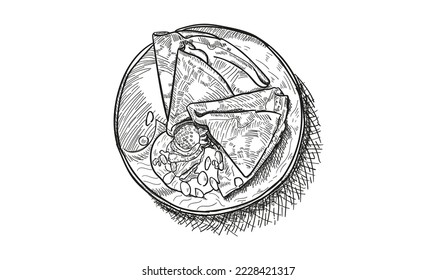 Crepes franceses o blinis rusos con fresas y jarabe. Juego de boceto de tinta. Aislado sobre fondo blanco. Ilustración vectorial dibujada a mano. Estilo retro.