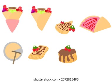 French crepes with strawberries and chocolate.Crapes and pancake.Flat design.Cartoon vector illustration.Sign, symbol, icon or logo for menu and restaurant.Clipart.