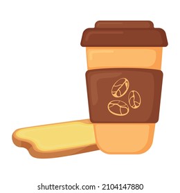 French croissant with coffee cup, breakfast butter bakery product icon, concept cartoon organic beverage food vector illustration, isolated on white. High calorie creamery flour bake food.