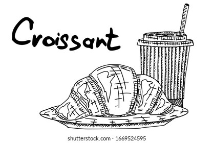french croissant and coffee sketch doodle. vector stock image