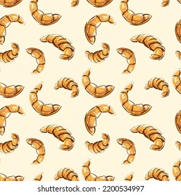 French croissant, hand drawing. Fresh pastries for breakfast. French national cuisine. Seamless background