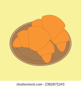 French Croissant on a plate isolated on yellow background vector illustration.