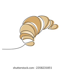 French croissant one line continuous drawing. Vector illustration. Hand drawn linear silhouette cooking icon. Graphic print, kitchen banner, card, food product logo, brochure, menu, bakery shop, sign.