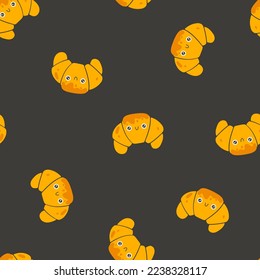 French Croissant seamless pattern cute smile. Hand drawn nursery cartoon doodle kawaii dessert character. Childish vector illustration in a simple naive style. Perfect for printing