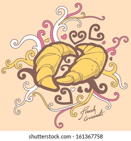 french croissants doodle vector clip art. Colored