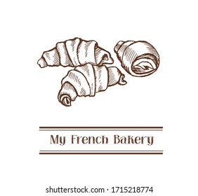French croissants scetch. Baked french dessert.