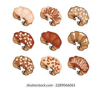 French croissants, set. Different croissants with cream, chocolate and nuts. Food illustration, vector	
