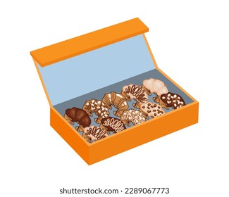 cruasanes franceses en una caja de regalo. Diferentes croissants con crema, chocolate y nueces. Ilustración alimentaria, vector