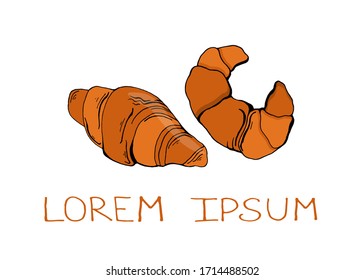 French croissants. Vector isolated illustration with croissants on a white background. The logo of the croissants. Sweet pastries.Printing on paper and fabrics. Design of the cafe menu. 