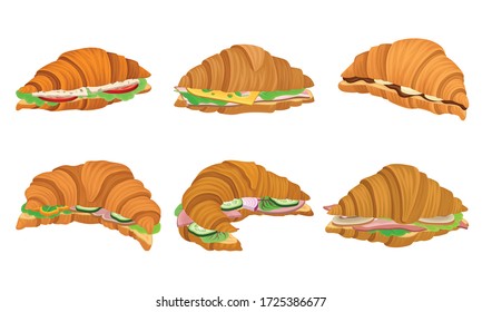 French Crunchy Croissants with Different Stuffing Like Sliced Bacon and Cheese Vector Set