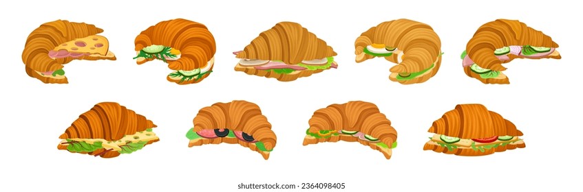 French Crunchy Croissants with Different Stuffing Vector Set