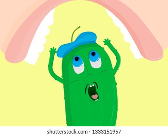 the french cucumber fearfully shouts with his hands up and above him hung a huge mouth of a person