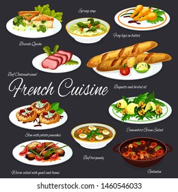 French cuisine baguette, served with meat and vegetable dishes vector design. Frog legs, cheese herb salad and cream soup, beef and pork stews, broccoli quiche, potato pancakes and quail bean salad