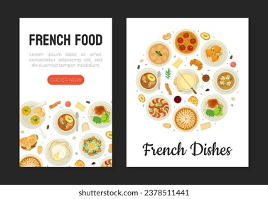 French Cuisine Banner Design with Tasty Dish Top View Vector Template