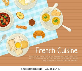 French Cuisine Banner Design with Tasty Dish Top View Vector Template