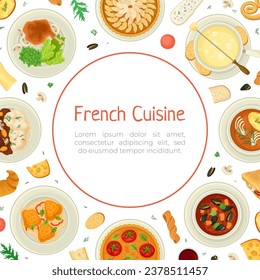 French Cuisine Banner Design with Tasty Dish Top View Vector Template