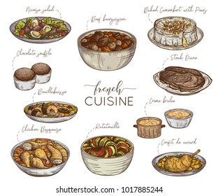 French cuisine. Collection of delicious food. Isolated elements. Concept design for decoration restaurants, menu. Vintage hand drawn vector illustration