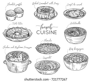 French cuisine. Collection of delicious food. Isolated elements. Concept design for decoration restaurants, menu. Vintage hand drawn vector illustration