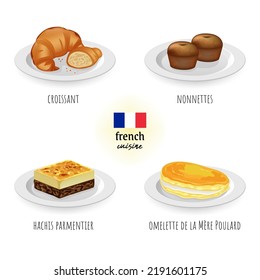 cocina francesa (croissant, nonnette, hachis parmentier, tortilla de la mère) en un fondo blanco aislado. Ilustración del vector de concepto de alimentos