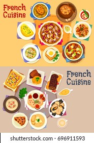 French cuisine dishes for lunch menu icon set. Cheese ham toast, vegetable casserole, seafood soup and stew, chicken and onion cream soup, foie gra, vegetable egg, onion pie, chocolate and prune cake