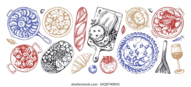 French cuisine dishes vintage drawings collection. Traditional food from France sketches set. French restaurant menu design elements. Hand-drawn food illustration, NOT AI generated