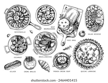 French cuisine dishes vintage drawings collection. Traditional food from France sketches set. French restaurant menu design elements. Hand-drawn food illustration, NOT AI generated