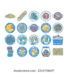 french cuisine food meal doodle icons set vector. sketch line art lunch dinner, delicious tasty, gourmet snack, dish cooking, fresh, healthy, kitchen french cuisine food meal color illustrations