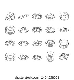 los iconos de la comida de cocina francesa establecen el vector. cena de almuerzo, delicioso, tentempié gourmet, plato, cocina fresca, saludable, cocina de cocina francesa comida comida comida comida almuerzo negro ilustraciones de contorno negro