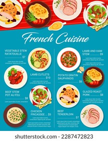 French cuisine food menu page. Glazed roast pork, beef tenderloin and potato gratin Dauphinois, beef stew Pot au Feu and vegetable stew ratatouille, lamb and ham stew, lamb cutlets, chicken fricassee