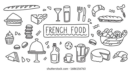 French cuisine, food. Simple doodle outline style. Vector stock black and white illustration.