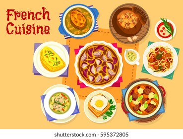 French cuisine healthy food icon of cheese ham toast with fried egg, onion cream soup, seafood stew, cabbage soup in rye bread bowl, cabbage pork stew, onion pie, beef potato soup, omelette