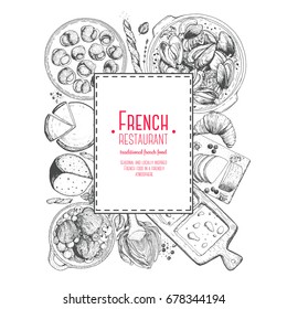 French cuisine label. A set of classic French dishes with beef bourguignon, mussels, escargot, foie gras, cheese, artichoke . Food menu design template. Hand drawn sketch vector illustration. 