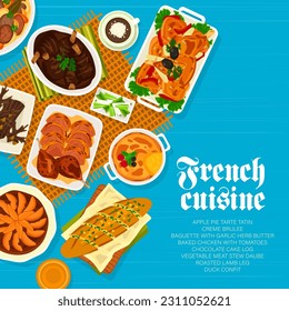 Die französische Speisekarte umfasst ein Cover-Design. Backhühner mit Tomaten, Schokoladenkuchen, Entenkonfitüre, Apfelkuchen Tarte Tatin, Gemüsegroh Daube und geröstetes Lamm-Bein, Creme-Brulee, Baguette