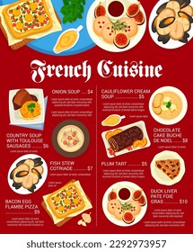 French cuisine menu with food of France, gourmet dinner and plate dishes, vector. French cuisine and Paris restaurant meals, stew and foie gras duck liver, onion soup and chocolate cake buche de noel