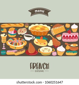 French cuisine.  Menu template, French restaurant, coffee shop. Large set of French dishes. Vector illustration.
