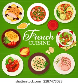 French cuisine restaurant food menu cover. Chicken fricassee, vegetable stew ratatouille and lamb cutlets, Dauphinois, beef stew Pot au Feu, lamb and ham stew, beef tenderloin, glazed roast pork